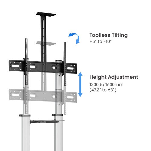 Manhattan Trolley Mound Stand for TV & Monitors, For screens: 37" to 100",VESA compatability:all between 200x200 to 1000x600mm -check the dimensions of the four mounting holes on back of screen to ensure it fits,Max 80kg,Height adjustable 1200 to 1600mm,L