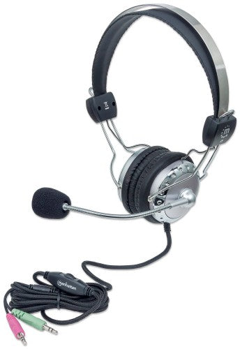 Manhattan Stereo Over-Ear Headset (3.5mm), Microphone Boom (padded), Adjustable Steel Headband, In-Line Volume Control, Ear Cushions, Std 2x 3.5mm stereo jack/plug for audio/mic use, cable 2.5m, 3 Year Warranty