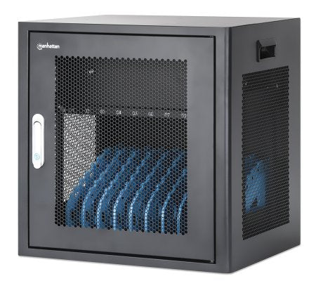 Manhattan Laptop Charging Cabinet Desktop via AC Adapter (UK) 10-bay, Install device's AC Adapter (power cables) into unit, Suitable for ALL laptops (to 15.6"), iPads, MacBooks, Chromebooks, other portable devices, Bays 380x30x280mm, Cart, Lockable