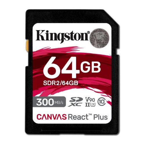 Kingston Technology 64GB Canvas React Plus SDXC UHS-II 300R/260W U3 V90 for Full HD/4K/8K