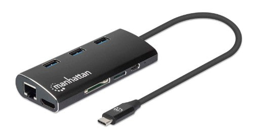 Manhattan USB-C Dock/Hub with Card Reader, Ports (x6): Ethernet, HDMI, USB-A (x3) and USB-C, With Power Delivery (100W) to USB-C Port (Note additional USB-C wall charger and USB-C cable needed), Universal for all devices, Aluminium, Equivalent to DKT30CSD