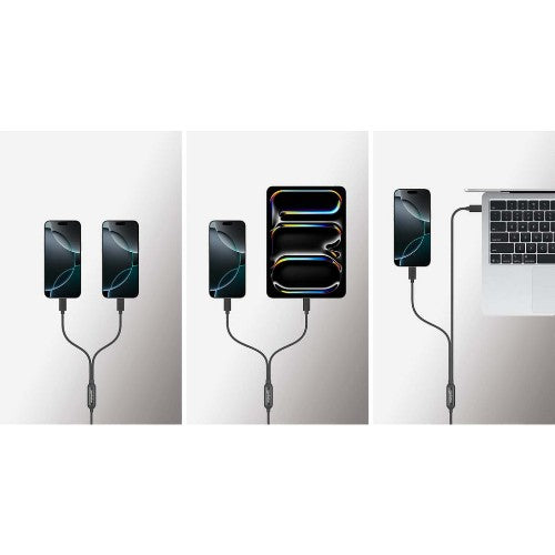 Manhattan Dual USB-C to USB-C Charging Cable, 100W, 2m, Male to Two Males, Smart Power Splitter Cable, Charges Two Devices from One USB-C PD Port, Delivers up to 100W for single charging and up to 70W + 28W for dual charging, Braided Jacket, Aluminum Boot