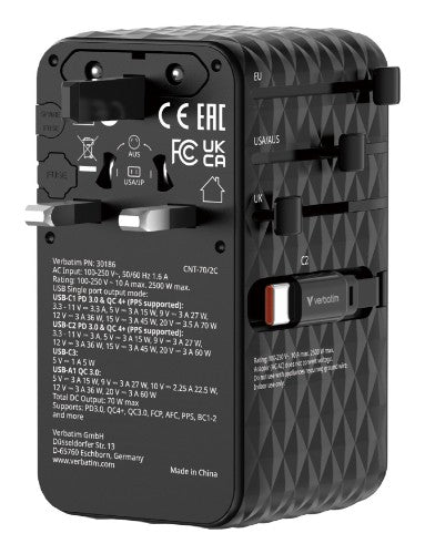 Verbatim Charge 'n' Travel 70W 2C retractable Universal Travel Adapter Black