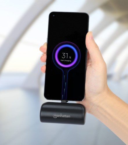 Manhattan Power Bank with integrated USB-C plug, 5000 mAh, Up to 20W output, Kickstand for Use as Charging Phone Holder, Black, One Year Warranty