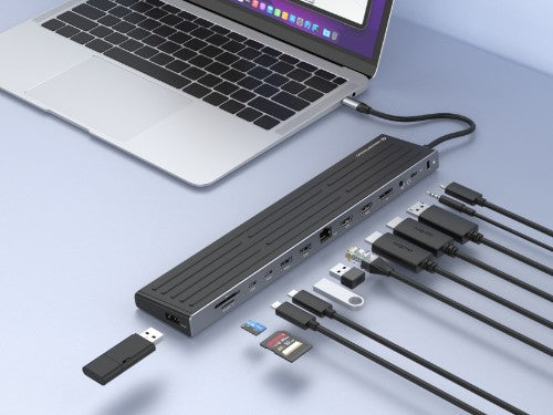Conceptronic DONN32B 14-in-1 MST Docking Station USB 3.2 Gen 1, HDMI x 2, DP, GbE LAN, USB-A 5Gbps x 3, USB-C 5Gbps x 2, SD, TF/MicroSD, 3.5mm headset, Security Slot, 100W USB PD