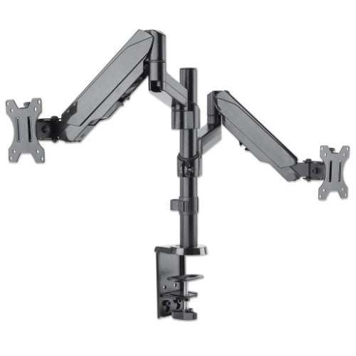 Manhattan Dual Desk Mount for TV & Monitors (Full Motion Gas Spring), For screens 10" to 27", Clamp or Grommet Assembly, VESA compatibility: 75x75 and 100x100mm - check the dimensions of the four mounting holes on back of screen to ensure it fits, Max 8kg