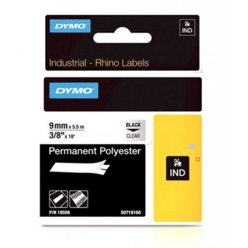 Dymo 18508/S0718160 Ribbon Polyester permanent black on Transparent 9mm x 5,5m for Dymo Rhino 6-12mm/19mm/24mm