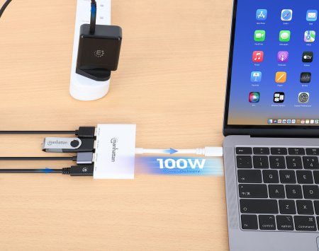 Manhattan USB-C Dock/Hub, Ports (4): USB-A (x3) and USB-C, 5 Gbps (USB 3.2 Gen1 aka USB 3.0), With Power Delivery (100W) to USB-C Port (Note additional USB-C wall charger and USB-C cable needed), Universal for all devices, SuperSpeed USB, White, PD