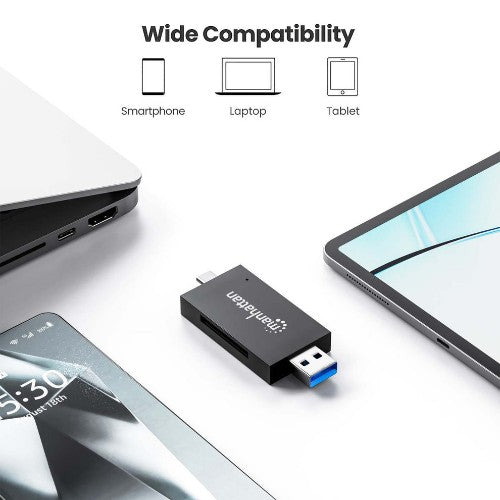 Manhattan USB-A / USB-C combo Multi-Card Reader/Writer, 5 Gbps (USB 3.2 Gen1 aka USB 3.0), Male to microSD and SD/MMC Slots, Mini Format, SuperSpeed USB, Windows or Mac, Black/Transparent, Three Year Warranty