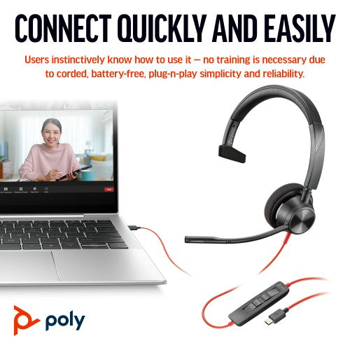 HP Poly Blackwire 3310 Monaural Microsoft Teams Certified USB-C Headset +USB-C/A Adapter
