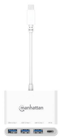 Manhattan USB-C Dock/Hub, Ports (4): USB-A (x3) and USB-C, 5 Gbps (USB 3.2 Gen1 aka USB 3.0), With Power Delivery (100W) to USB-C Port (Note additional USB-C wall charger and USB-C cable needed), Universal for all devices, SuperSpeed USB, White, PD