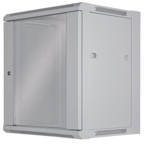 Intellinet 19" Network Cabinet - Wall Mount (Standard), 12U, 450mm Deep, Grey, Flatpack, Max 60kg, Suitable also for use on desk or floor, Usable Depth 260mm, Metal & Glass Door, Back Panel, Removeable Sides, Parts for wall install (eg screws/rawl plugs)