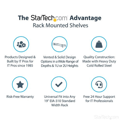 StarTech.com 1U Server Rack Shelf - Universal Rack Mount Cantilever Shelf for 19" Network Equipment Rack & Cabinet - Heavy Duty Steel – Weight Capacity 44lb/20kg - 16" Deep Tray, Black