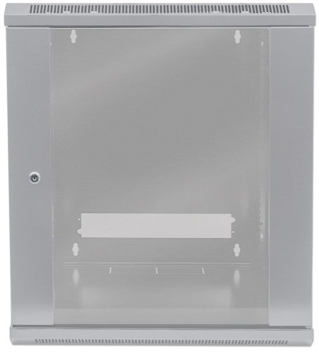 Intellinet 19" Network Cabinet - Wall Mount (Standard), 9U, 600mm Deep, Grey, Flatpack, Max 60kg, Suitable also for use on desk or floor, Usable Depth 410mm, Metal & Glass Door, Back Panel, Removeable Sides, Parts for wall install (eg screws/rawl plugs) n