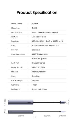 Ugreen 10919 laptop dock/port replicator Wired USB 3.2 Gen 1 (3.1 Gen 1) Type-C Grey
