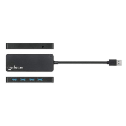 Manhattan USB-A 4-Port Hub, 4x USB-A Ports, 5 Gbps (USB 3.2 Gen1 aka USB 3.0), Bus Power, SuperSpeed USB, Black, Three Year Warranty, Equivalent to ST4300PBU3 & ST4300MINU3B