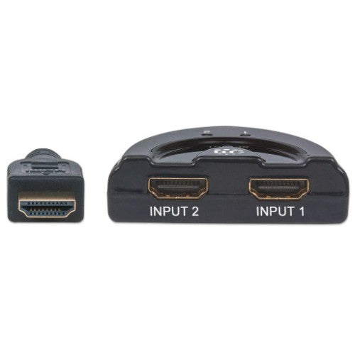 Manhattan HDMI Switch 2-Port, 1080p, Connects x2 HDMI sources to x1 display, Manual Switching (via button), Integrated Cable (50cm), No external power required, Black, Three Year Warranty