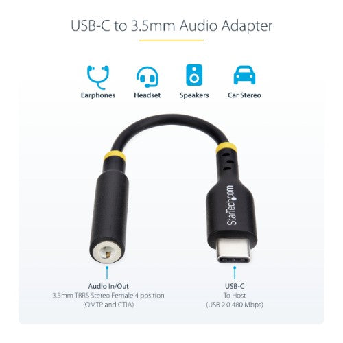 StarTech.com 5in (12.7cm) USB-C to 3.5mm TRRS Headphone/Headset Jack Audio Adapter, USB Type-C Aux Dongle, 32-bit DAC, Supports USB-C/Thunderbolt, Laptop/Phone/Tablet