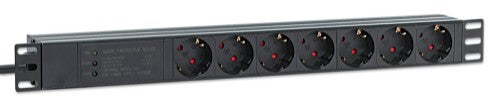 Intellinet 19" 1U Rackmount 7-Output Power Distribution Unit (PDU) / Surge Protector, EU CEE 7/3 Outlets, 500 Joule/19,500 A Surge Protection, Built-in 3 m Power Cord with EU CEE 7/7 Plug, 16 A, Horizontal Mount, Aluminum, Black