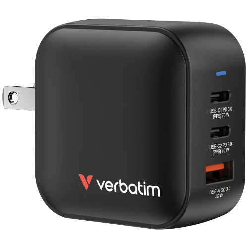 Verbatim Mini GaN Charger 70W 3 Port US plug with EU and UK adaptors