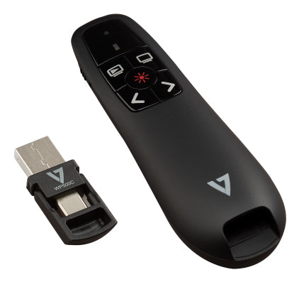V7 WP500C Wireless Presenter Dual USB-C + USB-A - 2.40 GHz RF - Black - Red Laser Pointer - 5 Button(s) - Wireless - Radio Frequency - USB - Storable USB Receiver slot
