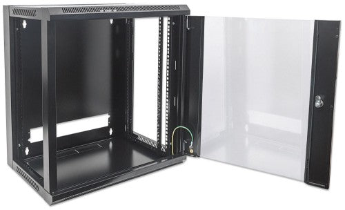Intellinet 19" Network Cabinet - Wall Mount (Standard), 9U, 450mm Deep, Black, Flatpack, Max 60kg, Suitable also for use on desk or floor, Usable Depth 270mm to 350mm, Metal & Glass Door, Back Panel, Removeable Sides,Parts for wall installation not includ