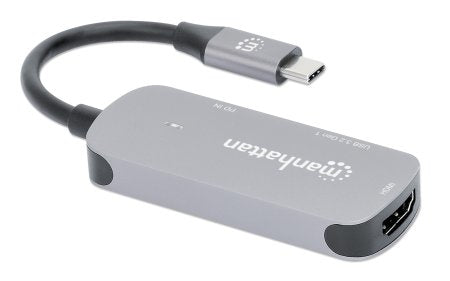 Manhattan USB-C Dock/Hub, Ports (x3): HDMI, USB-A and USB-C, with Power Delivery (PD) 100W- requires external USB-C charger (not included). USB powered (no external power supply required) when PD is not in use, Aluminium