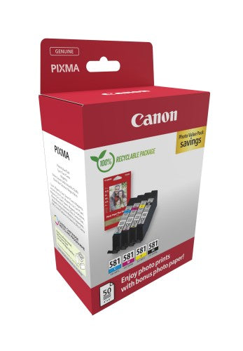 Canon 2106C006/CLI-581 Ink cartridge multi pack Bk,C,M,Y + Photopaper 50 sheet 10x15cm 5.6ml 1505/256/237/257 pg Pack=4 for Canon Pixma TS 6150/8150