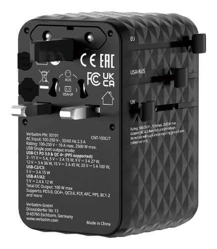 Verbatim Charge 'n' Travel 100W Universal Travel Adapter with retractable cable Black