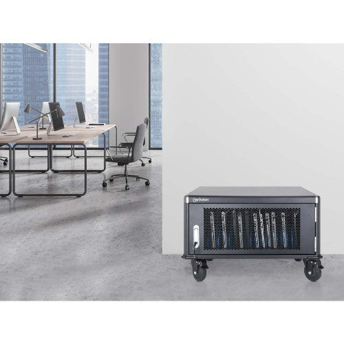 Manhattan Laptop Charging Cart/Trolley via AC Adapter (UK) 20-bay, Install device's AC Adapter (power cables) into unit, Suitable for ALL laptops (to 15.6"), iPads, MacBooks, Chromebooks, other portable devices, Bays 380x30x280mm, Cabinet, Lockable