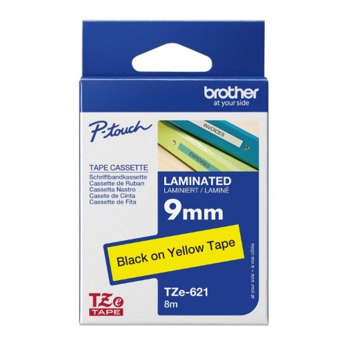 Brother TZE-621 DirectLabel black on yellow Laminat 9mm x 8m for Brother P-Touch TZ 3.5-18mm/6-12mm/6-18mm/6-24mm/6-36mm