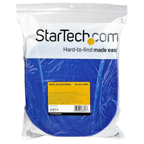 StarTech.com 100ft Hook and Loop Roll - Cut-to-Size Reusable Cable Ties - Bulk Industrial Wire Fastener Tape /Adjustable Fabric Wraps Blue / Resuable Self Gripping Cable Management Straps