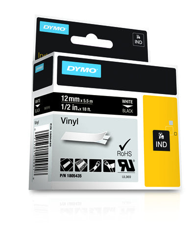 Dymo 1805435 Ribbon Vinyl white on black 12mmx5,5m for Dymo Rhino 6-12mm/19mm/24mm