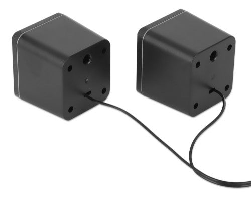 Manhattan 2600 Series Speaker System, Two Speakers, Black/Silver, USB for Stereo Audio and Power, Output: 2x 3W, Decent Sound, Integrated rotary volume control, USB-C/USB-A Adapter, Cable 1.4m, Three Year Warranty