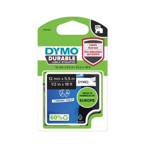 Dymo 1978364 DirectLabel-etikettes black on white Vinyl 12mm x 5,5mm for Dymo D1 6-12mm/19mm/24mm/9-12mm/9-19mm