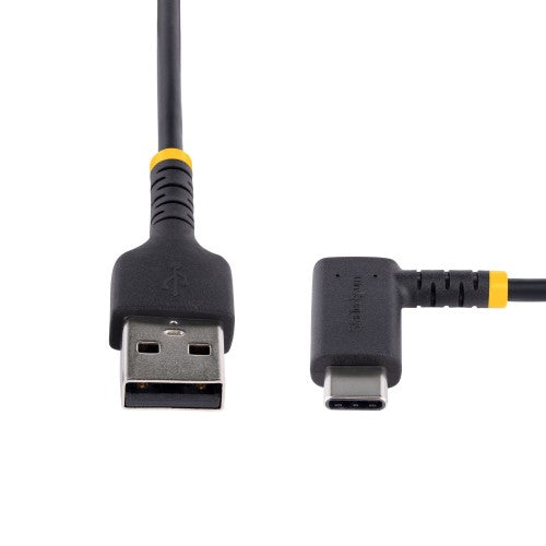 StarTech.com 1ft (30cm) USB A to C Charging Cable Right Angle - Heavy Duty Fast Charge USB-C Cable - Black USB 2.0 A to Type-C - Rugged Aramid Fiber - 3A - USB Charging Cord