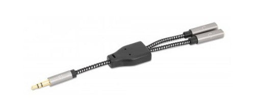 Manhattan Headphone Stereo Audio Y-Splitter Cable, 3.5mm, Aux, 15cm, Male/2x Female, Connects Two Sets of Headphones to One Audio Jack, Slim Design, Black/Silver, Gold plated contacts and pure oxygen-free copper wire, Lifetime Warranty, Polybag