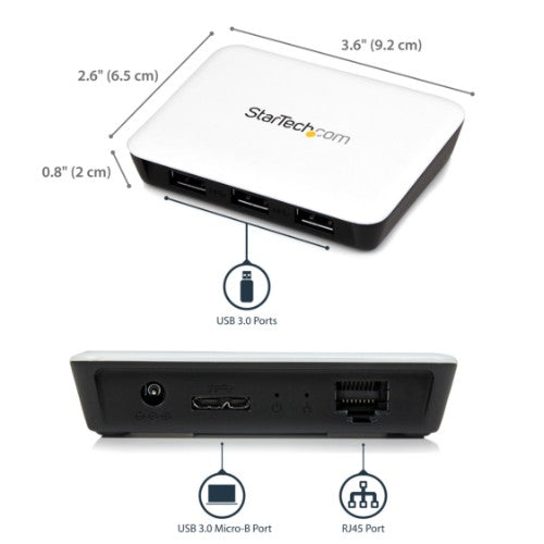 StarTech.com USB 3.0 to Gigabit Ethernet NIC Network Adapter with 3 Port Hub - White