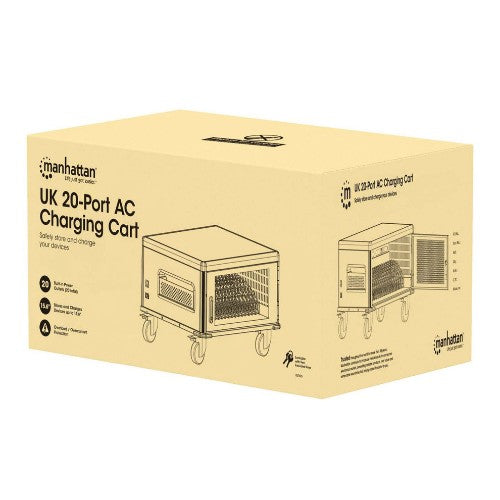 Manhattan Laptop Charging Cart/Trolley via AC Adapter (UK) 20-bay, Install device's AC Adapter (power cables) into unit, Suitable for ALL laptops (to 15.6"), iPads, MacBooks, Chromebooks, other portable devices, Bays 380x30x280mm, Cabinet, Lockable