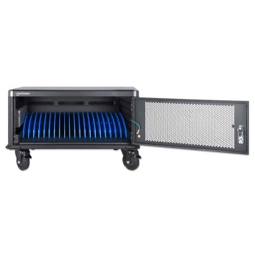 Manhattan Laptop Charging Cart/Trolley via AC Adapter (UK) 20-bay, Install device's AC Adapter (power cables) into unit, Suitable for ALL laptops (to 15.6"), iPads, MacBooks, Chromebooks, other portable devices, Bays 380x30x280mm, Cabinet, Lockable