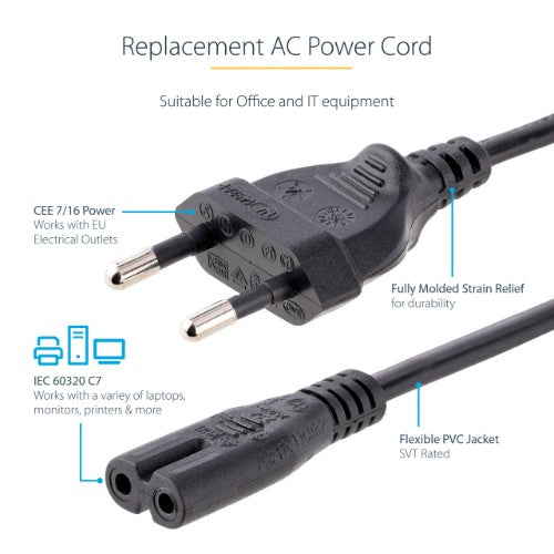 StarTech.com 2m (6ft) Laptop Power Cord, EU Plug to C7, 2.5A 250V, 18AWG, Laptop Replacement Cord, Printer Power Cable, Laptop Charger Cord, Laptop Power Brick Cord