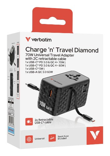 Verbatim Charge 'n' Travel 70W 2C retractable Universal Travel Adapter Black