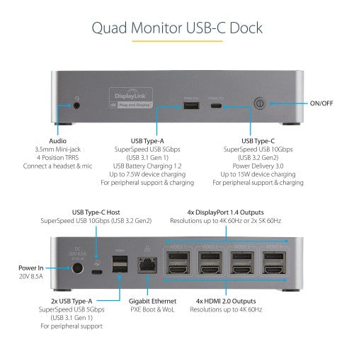 StarTech.com USB C Dock - 4K 60Hz Quad Monitor DisplayPort & HDMI - Universal USB-C Docking Station with 100W Power Delivery - USB Hub with 1x USB Type-C & 3x USB-A, Ethernet, Audio