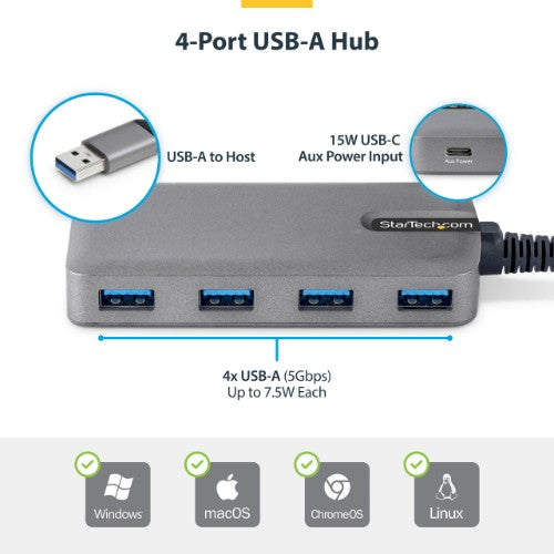 StarTech.com 4-Port USB-A Hub, 5Gbps, Bus Powered, USB-A to 4x USB-A Hub with USB-C Auxiliary Power Input, 1ft/30cm Host Cable, Portable Desktop/Laptop USB Hub