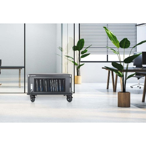 Manhattan Laptop Charging Cart/Trolley via AC Adapter (UK) 20-bay, Install device's AC Adapter (power cables) into unit, Suitable for ALL laptops (to 15.6"), iPads, MacBooks, Chromebooks, other portable devices, Bays 380x30x280mm, Cabinet, Lockable