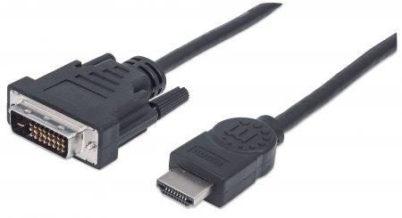 Manhattan HDMI to DVI-D 24+1 Cable, 2m, Male to Male, Black, Dual Link, Compatible with DVD-D, Lifetime Warranty, Equivalent to HDDVIMM2M