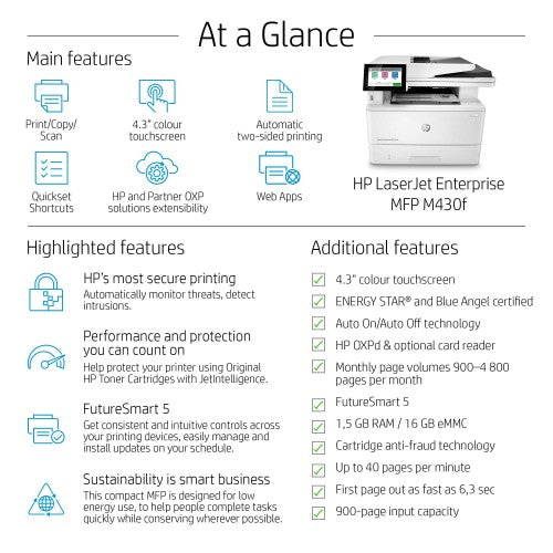 HP LaserJet Enterprise M430f Multifunction Black and white Printer, Ethernet Only; Copier, Scanner
