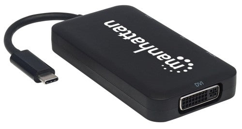 Manhattan USB-C Dock/Hub, Ports (x4): DisplayPort, DVI-I, HDMI or VGA, Note: Only One Port can be used at a time, External Power Supply Not Needed, Universal for all devices, Cable 8cm, Black, Three Year Warranty