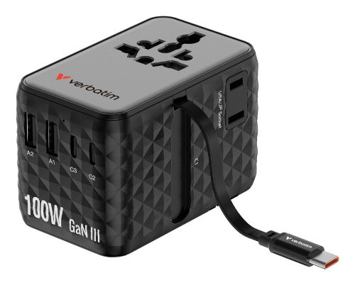 Verbatim Charge 'n' Travel 100W Universal Travel Adapter with retractable cable Black