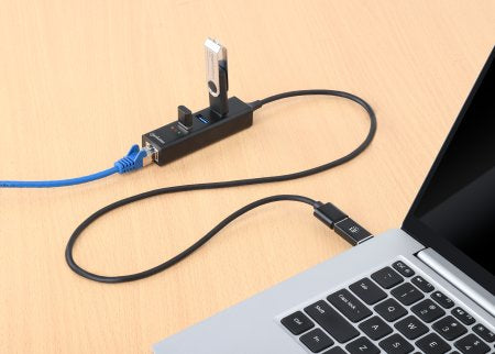 Manhattan USB-C & USB-A Combo Dock/Hub, Ports (4): Ethernet and USB-A (x3), 5 Gbps (USB 3.2 Gen1 aka USB 3.0), USB powered (no external power supply required)